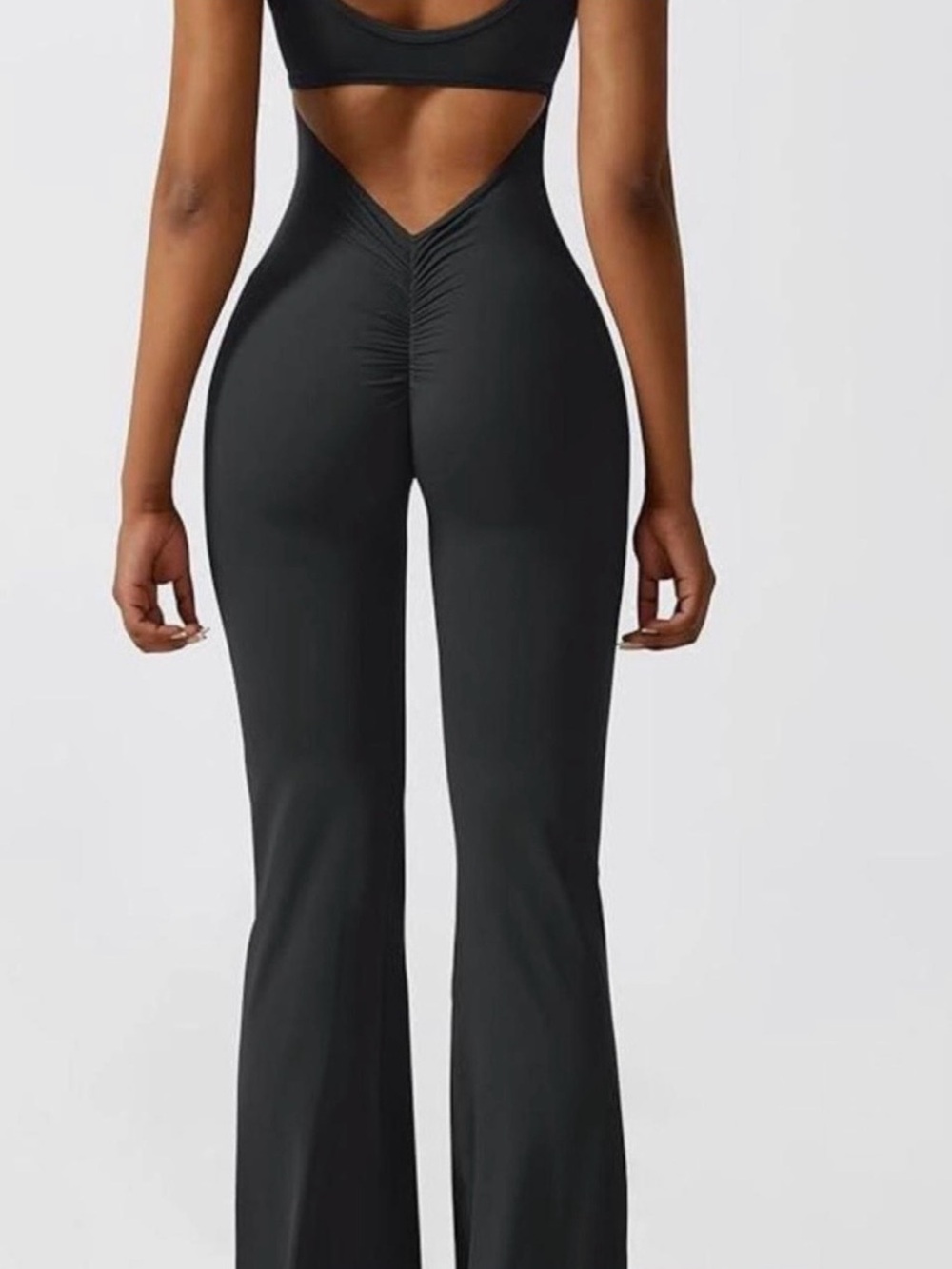 NEW, Black Scrunch Flare Jumpsuit One Piece Backless Cutout Butt Lift Bodysuit